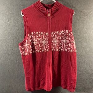 christmas Sweater Vest Red Snowflake Beaded Zip Up 1X holiday winter grandmacore